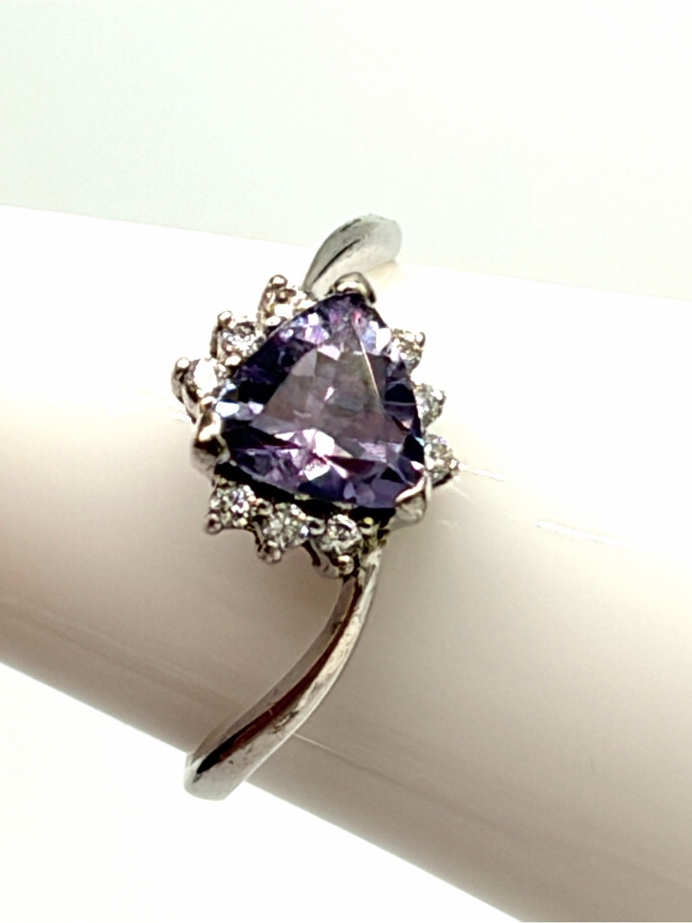 Grey Moissanite Trillion Cut with Halo in Sterling Silver Wave Setting Sz 8.25